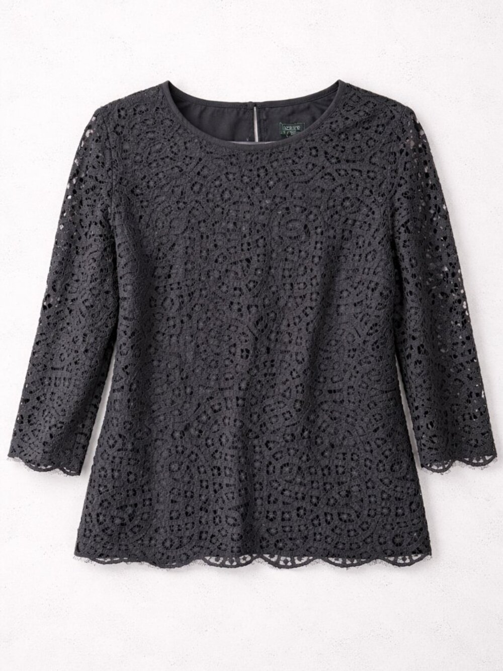 J.Crew Black Lace Blouse Size 12 | Scalloped Hem 3/4 Sleeve Dressy Top